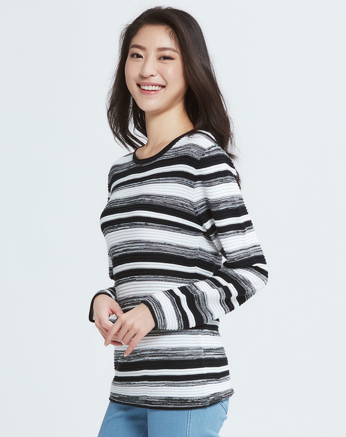 女条纹圆领衫