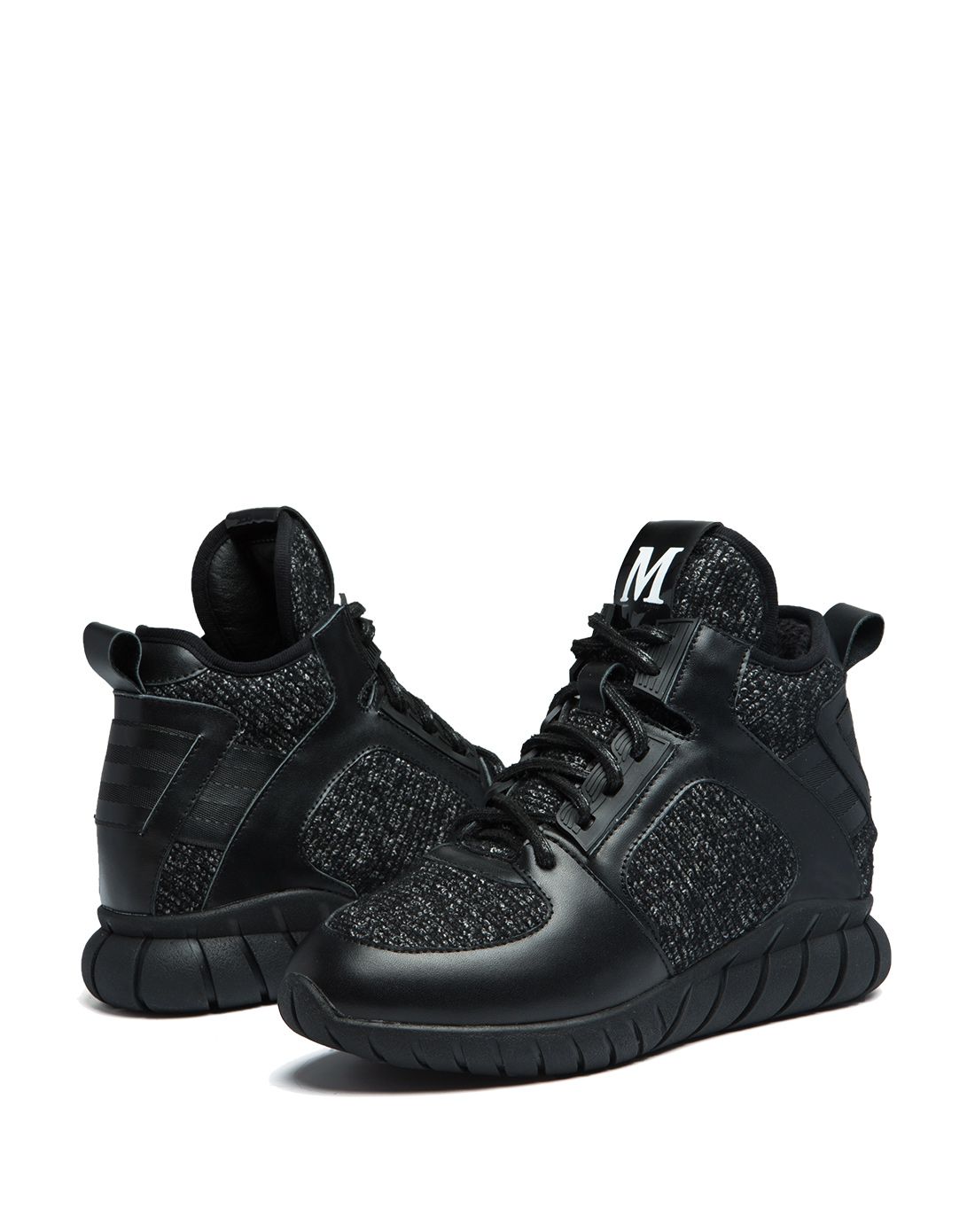 新款m字母系带内增高黑色绒里休闲鞋