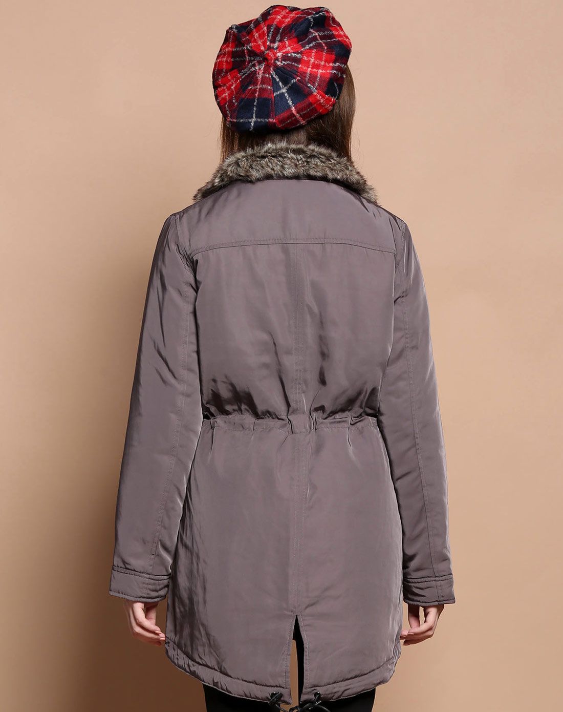 女装灰褐色可拆帽收腰外套