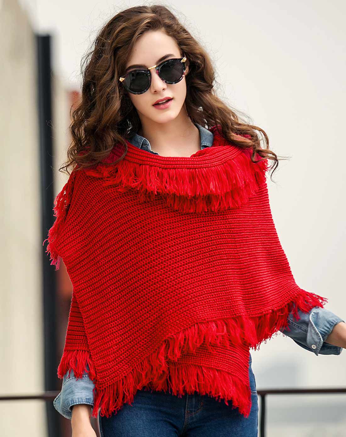 thantrue 双面流苏加厚加宽羊毛针织围巾披肩