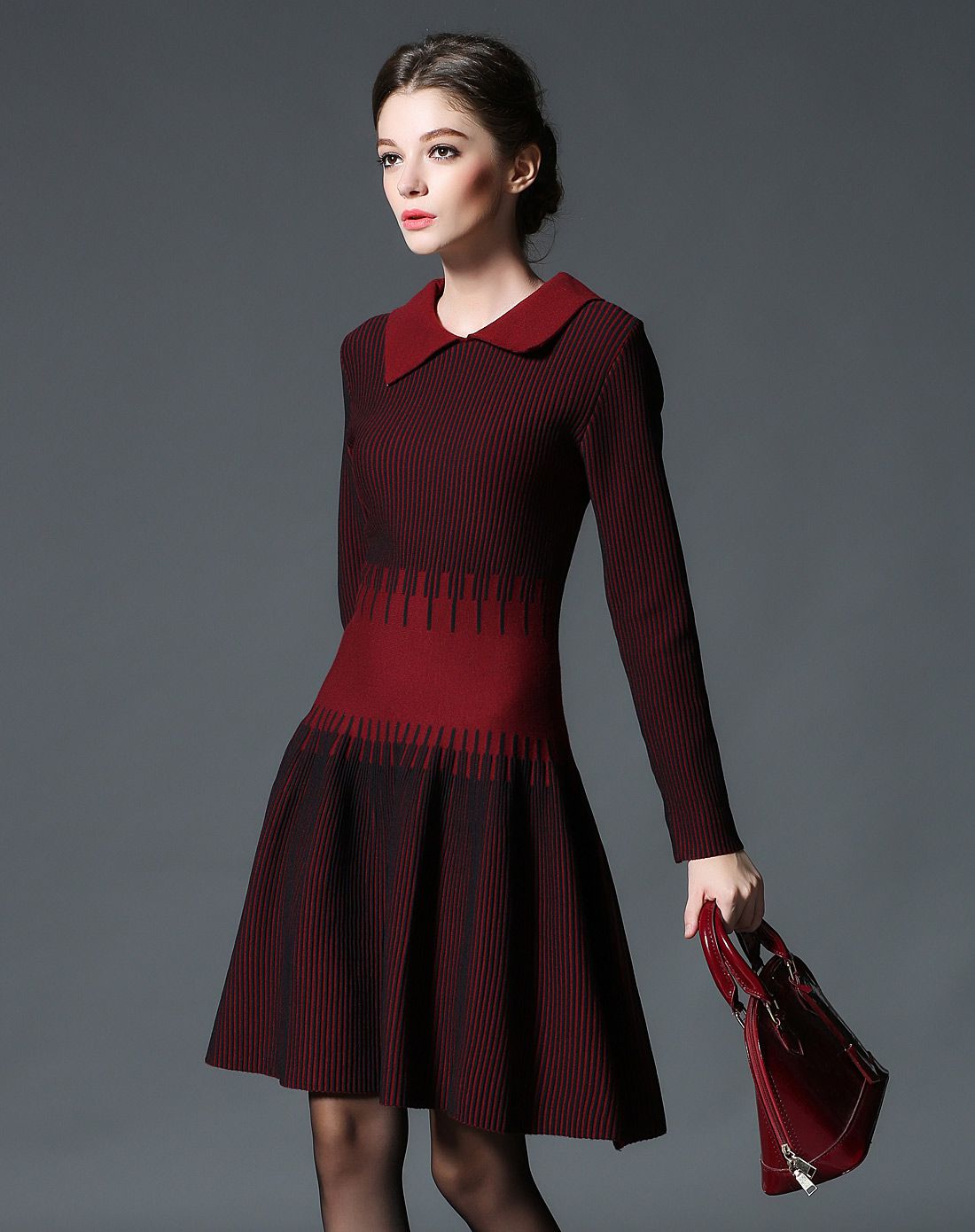 【特惠】成熟雅韵小翻领双竖纹长袖连衣裙
