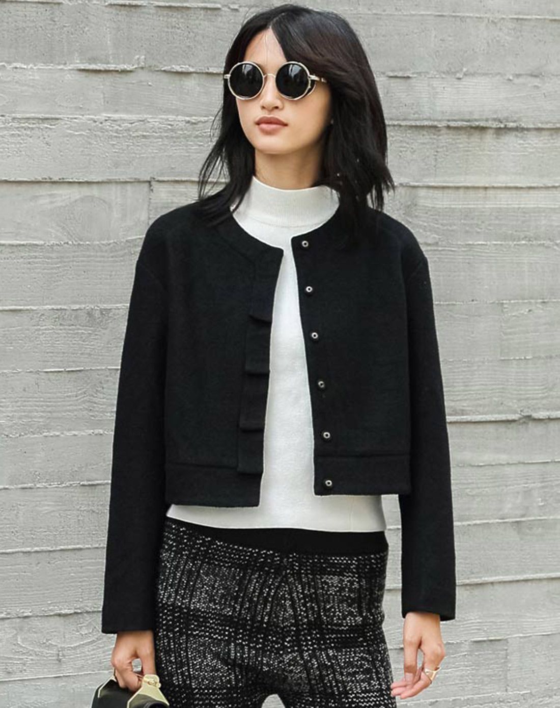 军绿圆领修身短款毛呢外套