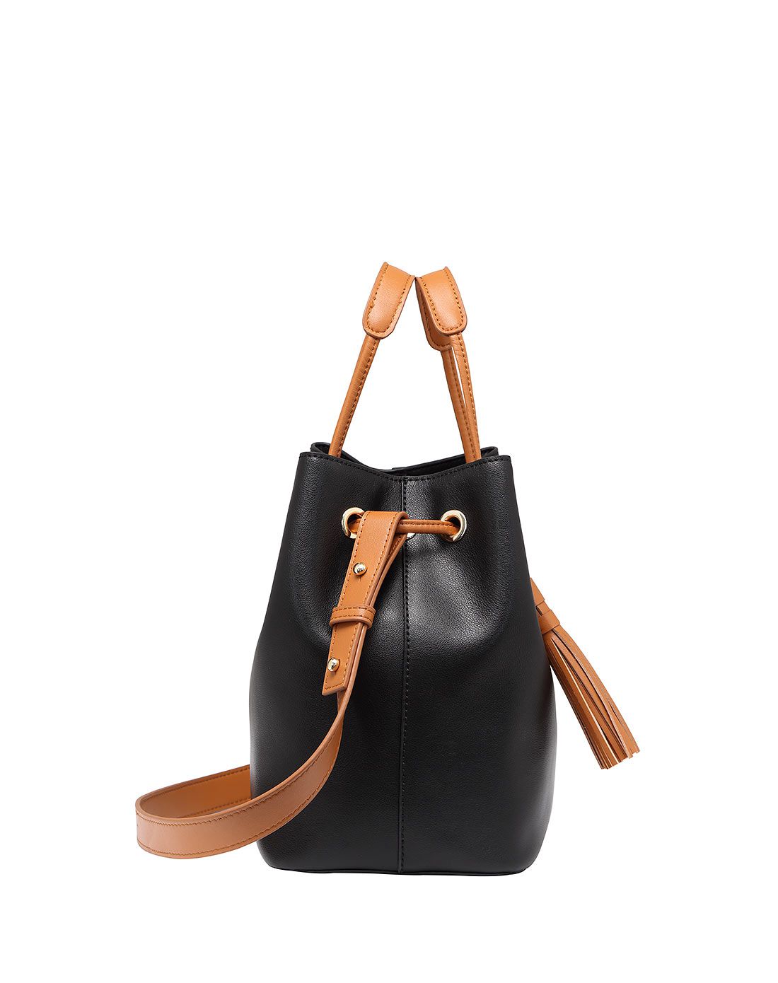 女款黑色牛皮流苏水桶包