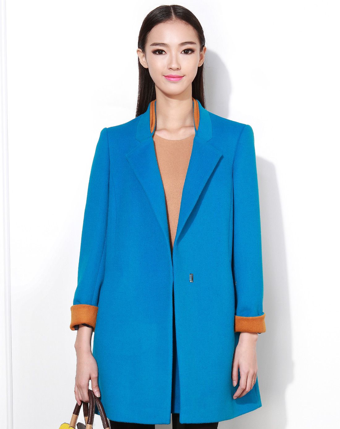 孔雀蓝中长款廓型羊毛大衣