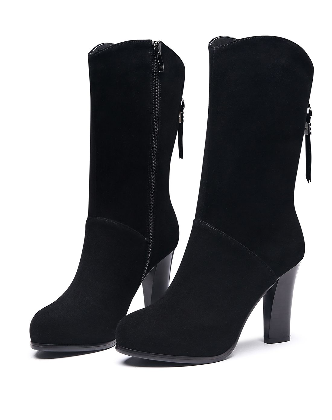 16年新款黑色羊猄皮薄绒内里中筒靴