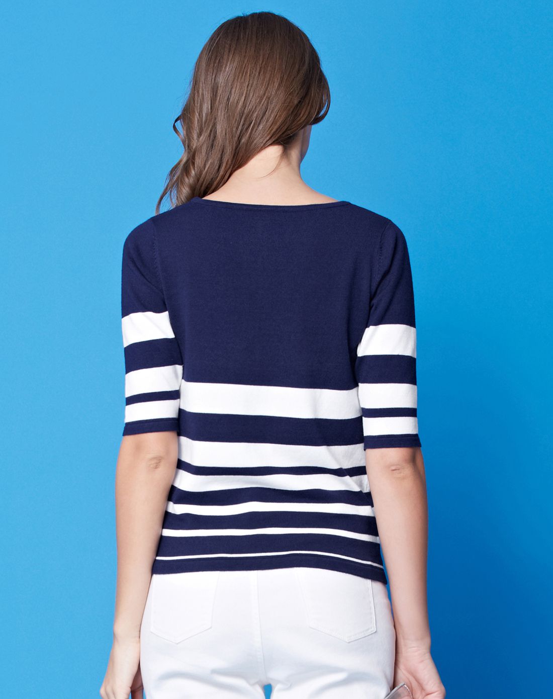 蓝白条色简约时尚五分袖针织衫