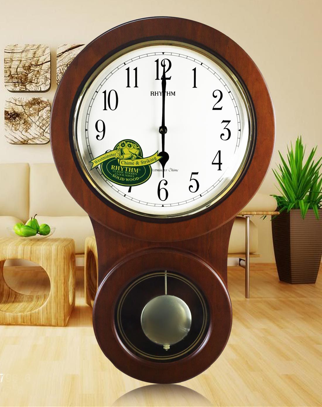 丽声rhythm时钟专场直发货rhythm 敲钟报时实木静音石英挂钟50cm西敏