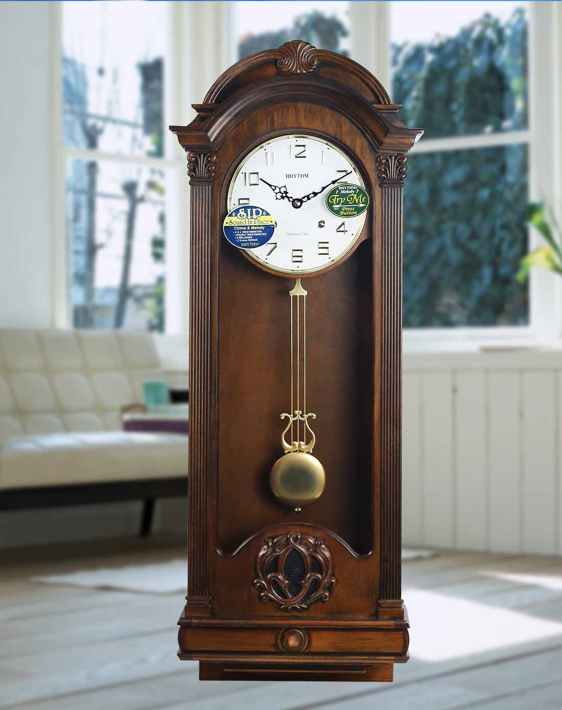 丽声rhythm时钟专场直发货 79cm十重敲钟报时实木静音石英挂钟