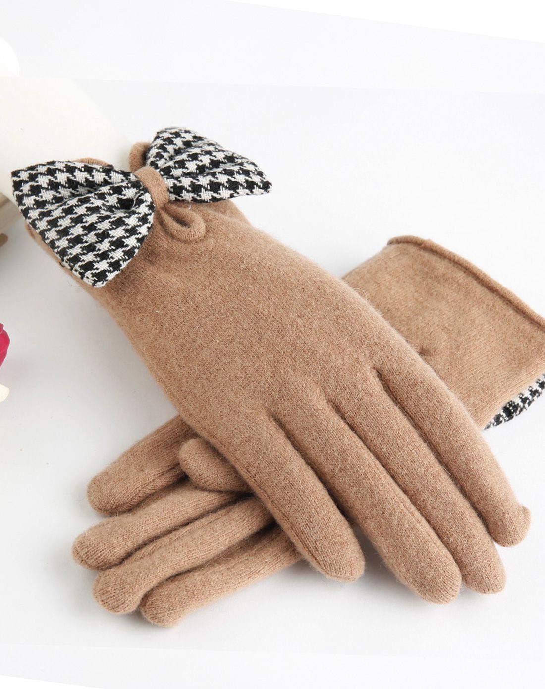 布塔 格子蝶结加绒羊毛手套