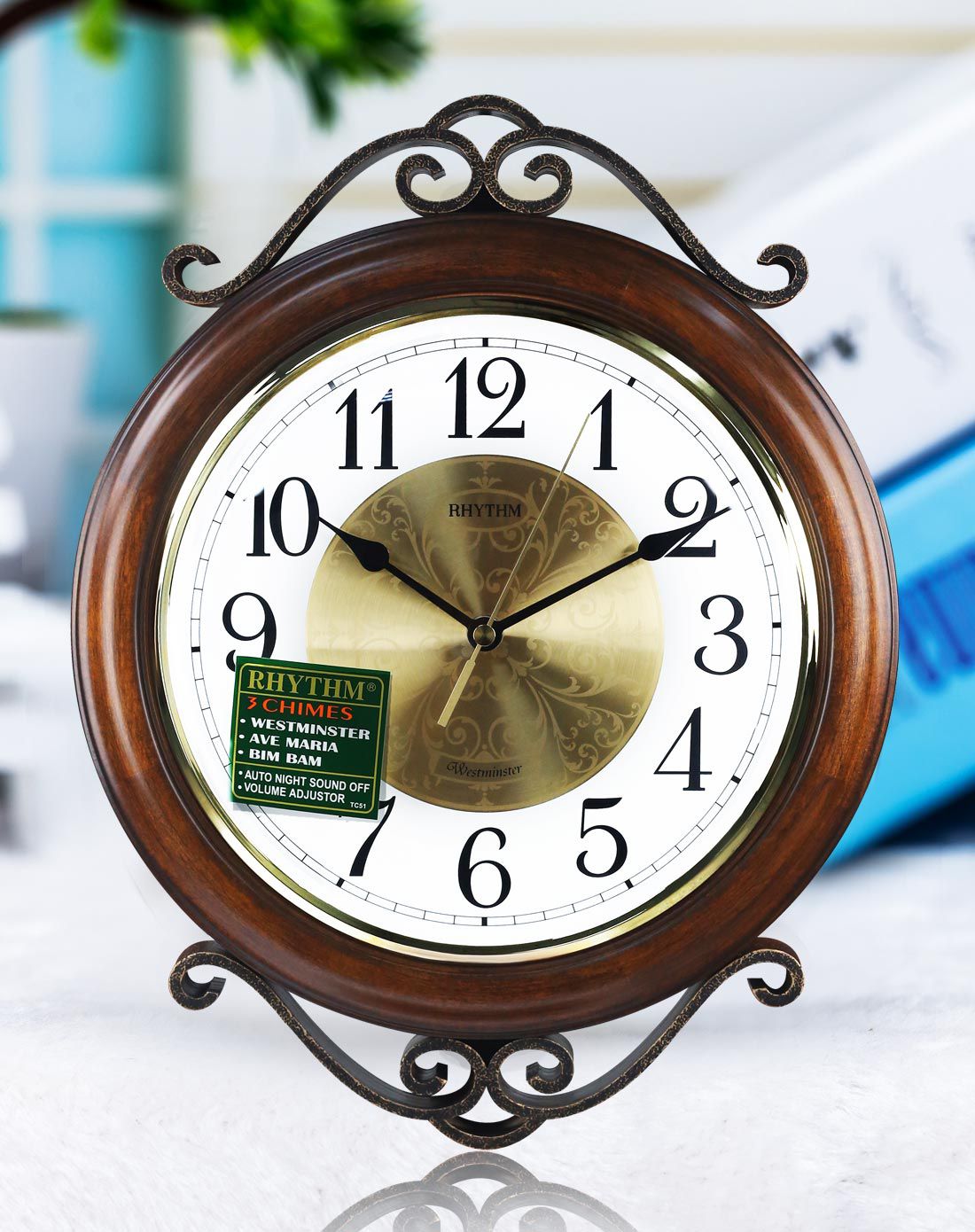 丽声rhythm时钟专场直发货丽声 三重敲钟报时实木静音石英挂钟棕色cmh