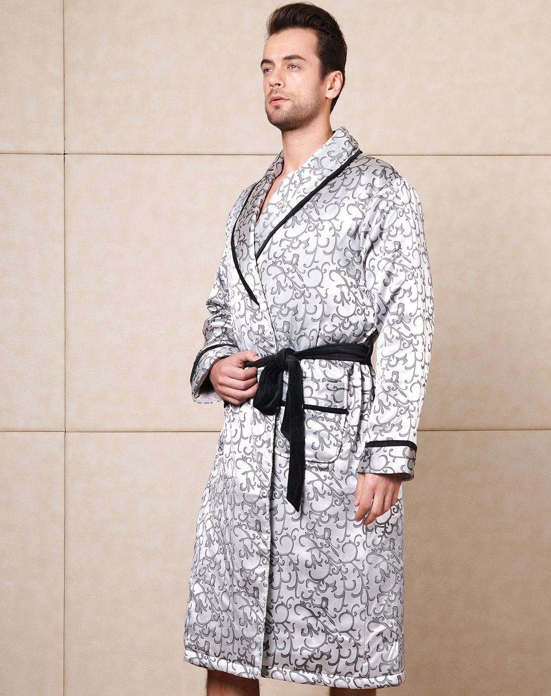 宫廷风男款翻领加厚夹棉长袖家居袍