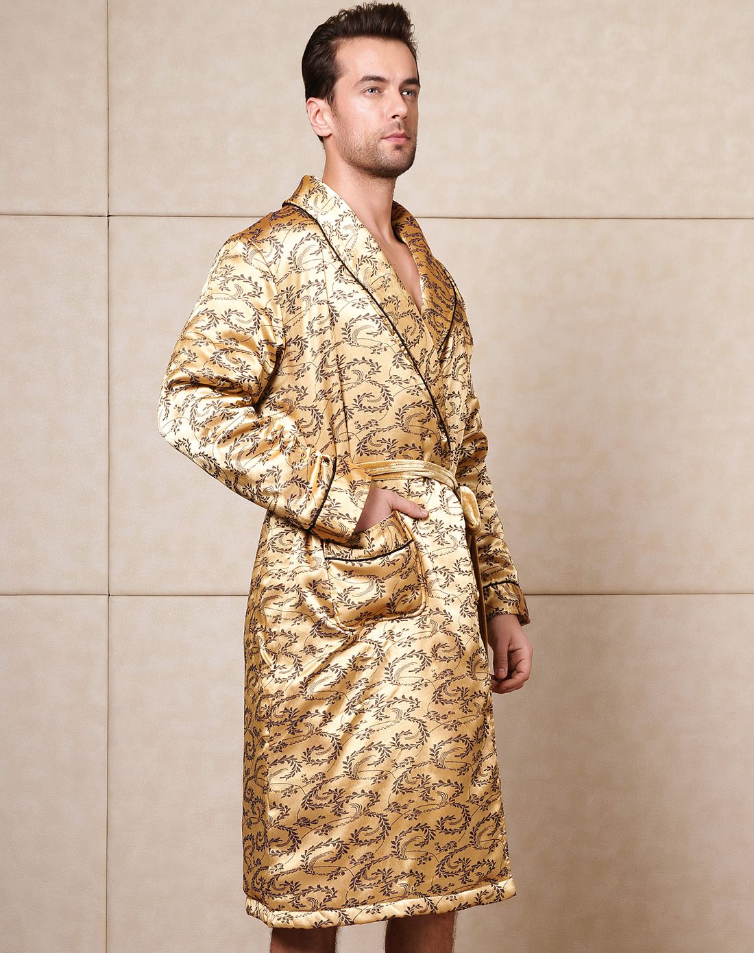 雪仙丽男士宫廷风翻领尊贵加厚夹棉长袖睡袍