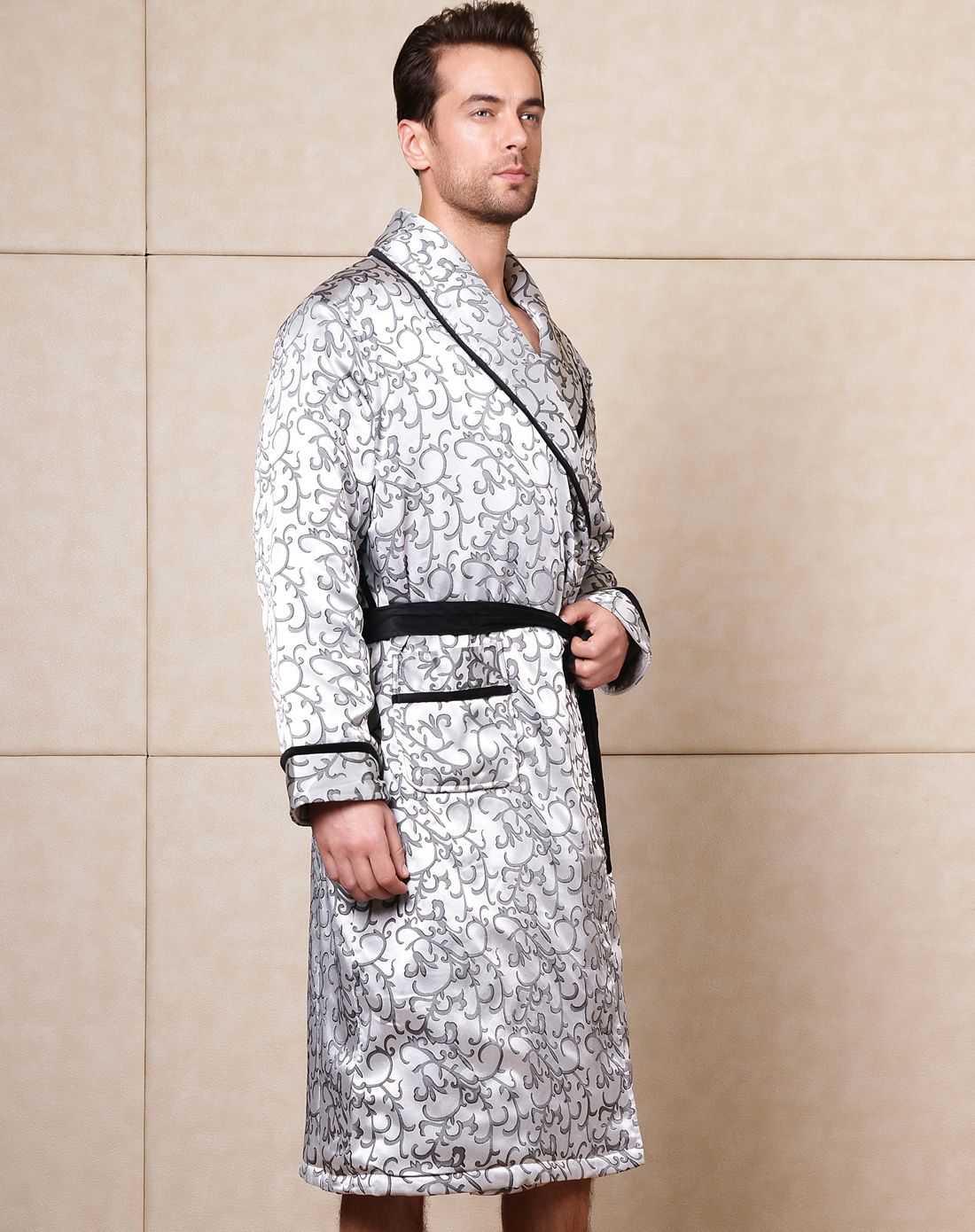 宫廷风男款翻领加厚夹棉长袖家居袍