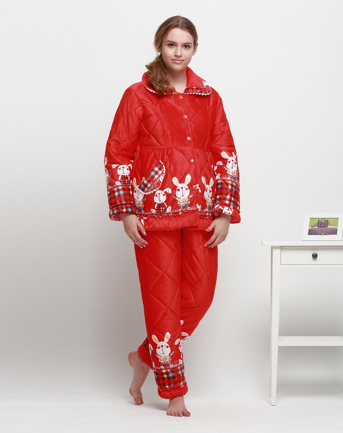 虾红色女卡通印花加厚保暖家居服套装