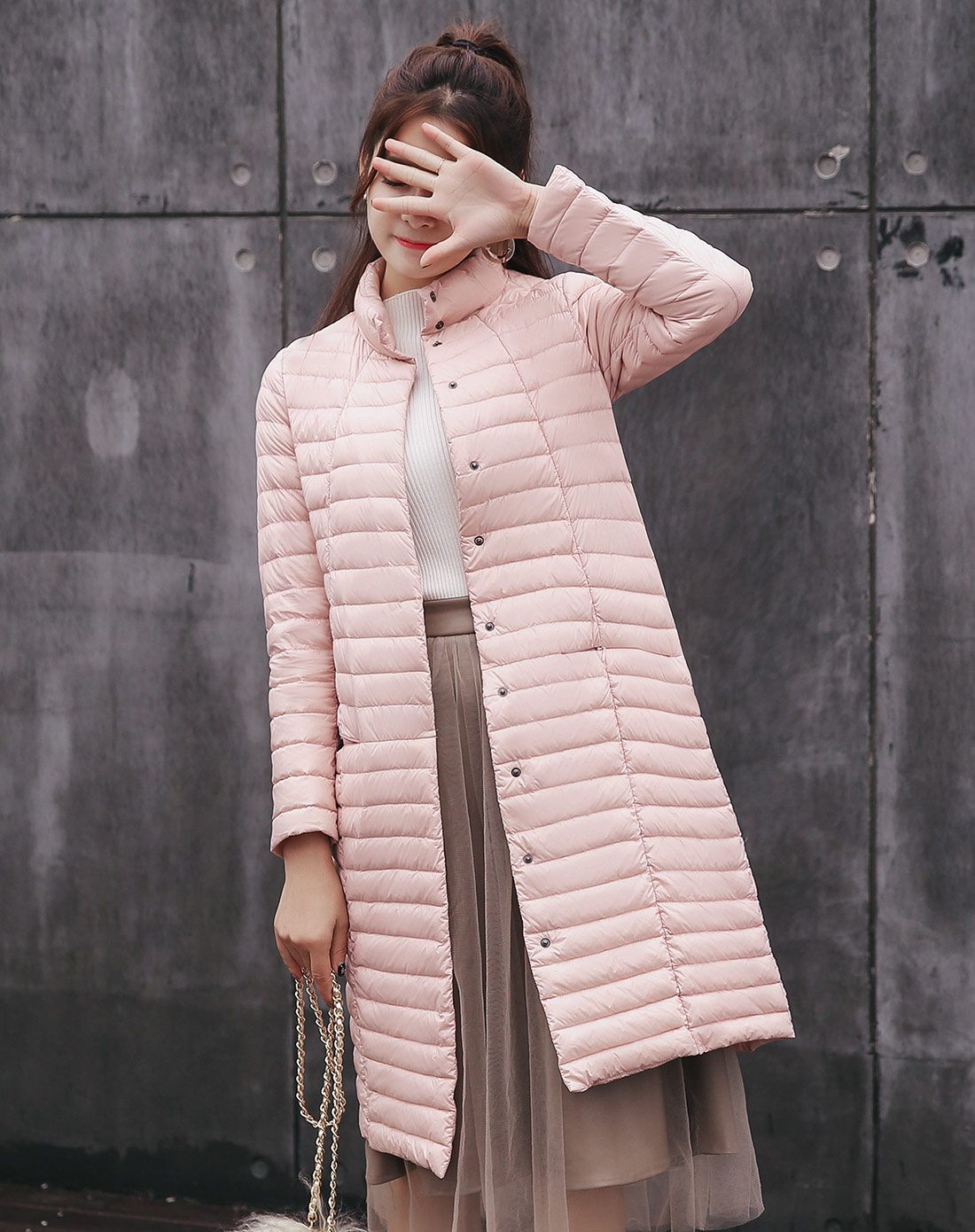 粉色中长款修身轻薄羽绒服女装外套90绒