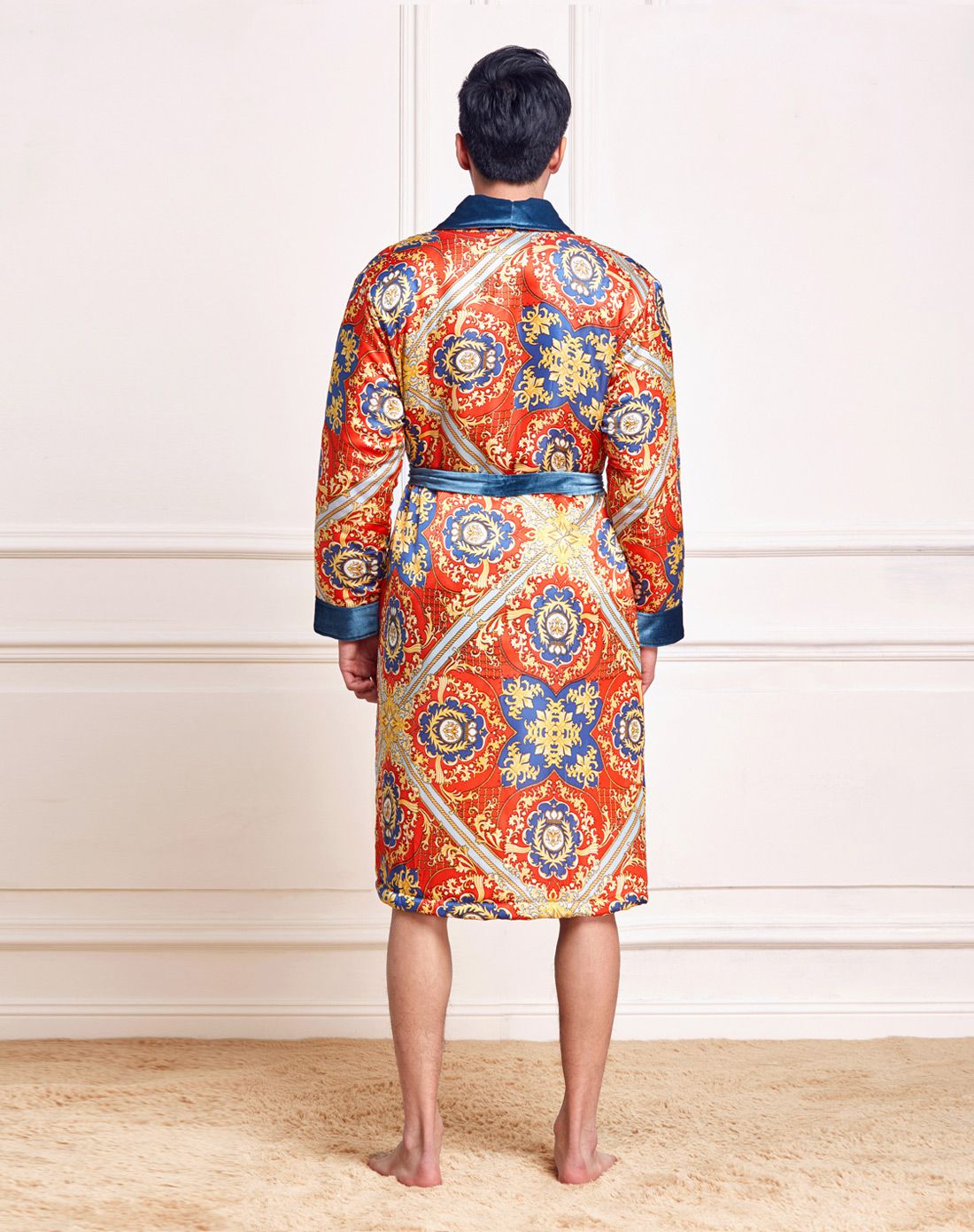 男奢华时尚翻领加厚夹棉长袖家居袍