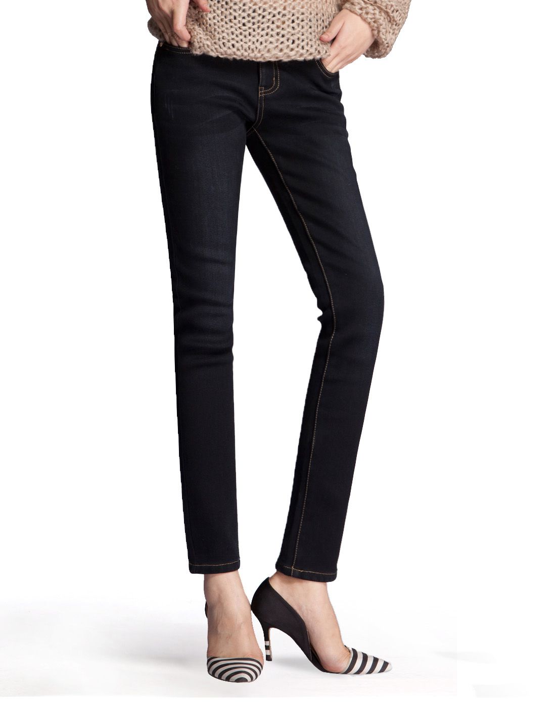 百圆裤业男女装女款深蓝色简约中腰加绒保暖弹力牛仔裤7w14g310_唯品