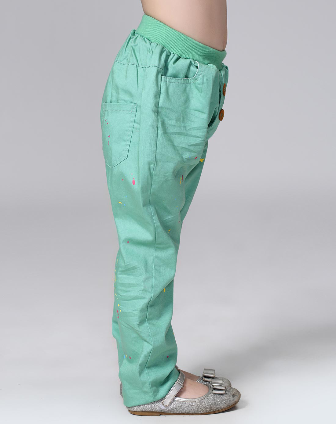 中性湖绿休闲棉布长裤