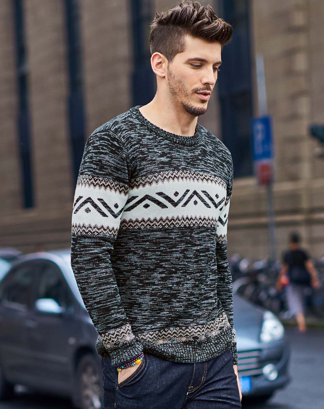 时尚舒适趣味杂纱花纹男士针织衫 毛衣