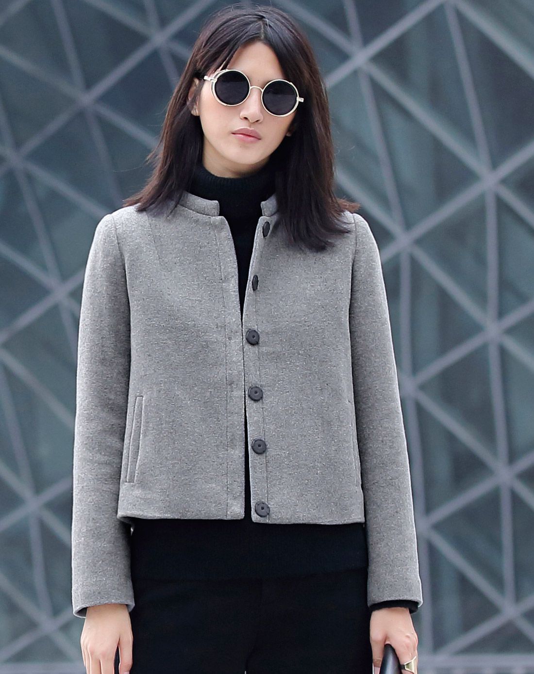 立领长袖短款厚羊毛呢外套粉笔蓝