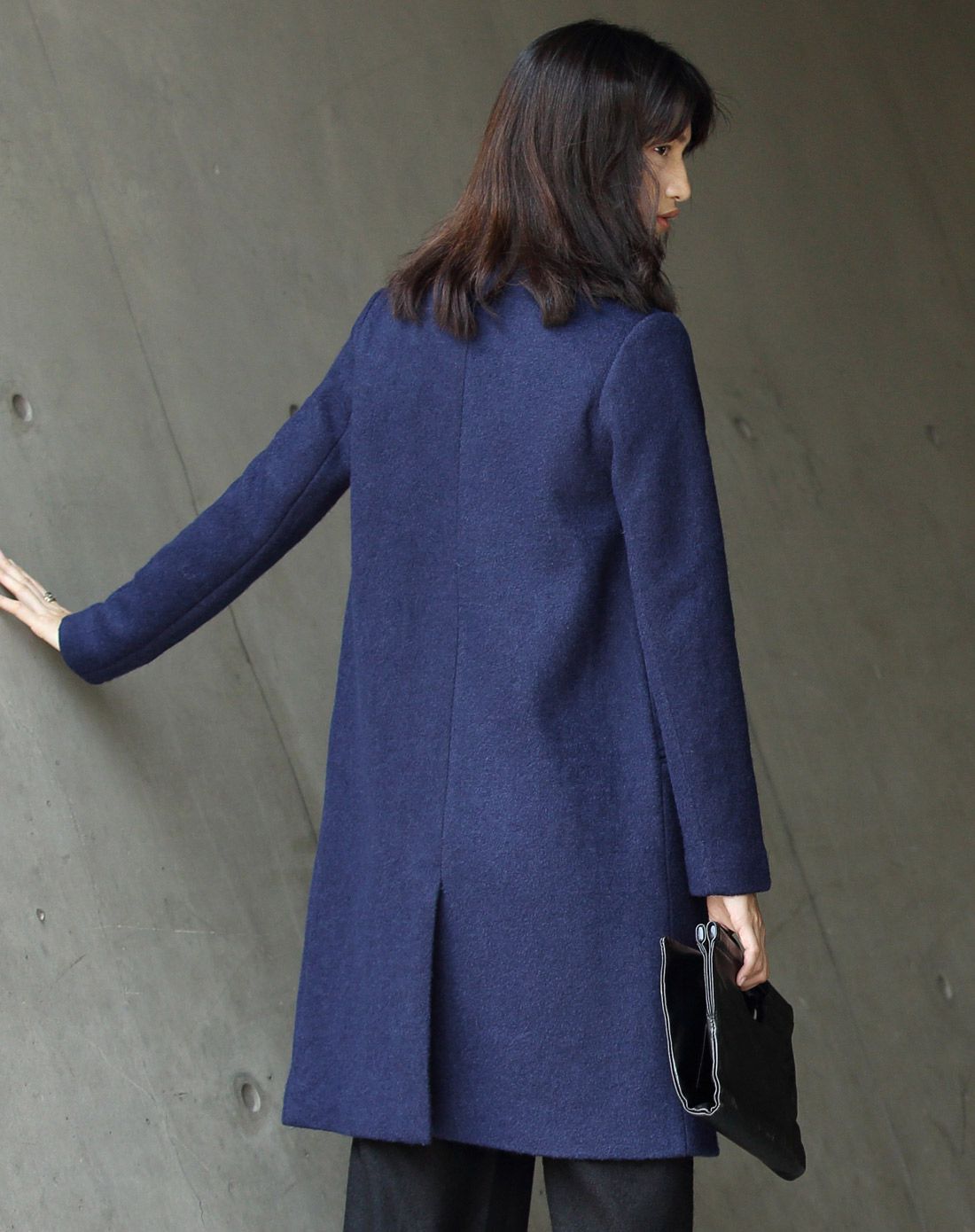 墨蓝双排扣修身羊毛混纺呢外套