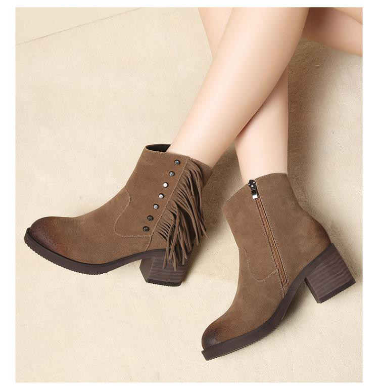 16年新款卡其牛绒侧流苏休闲薄绒里短靴