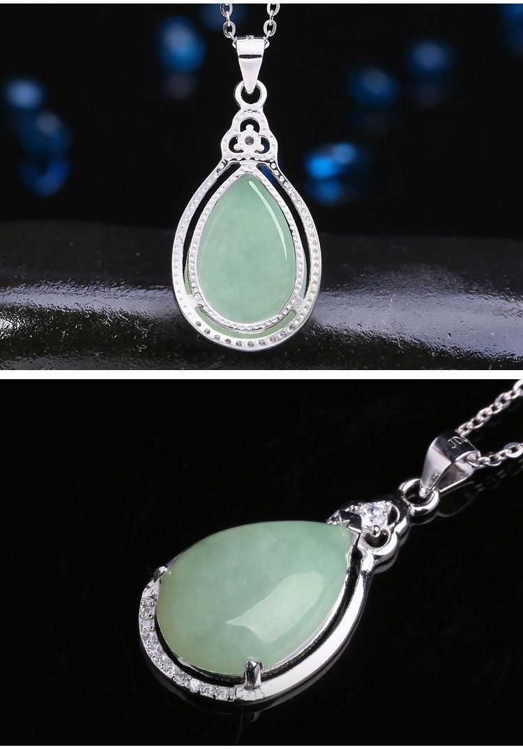 一品翠 s925银镶翡翠淡绿色水滴形吊坠