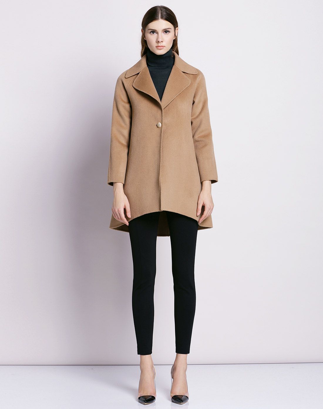 黑色前短后长下摆宽松a型双面呢羊毛大衣