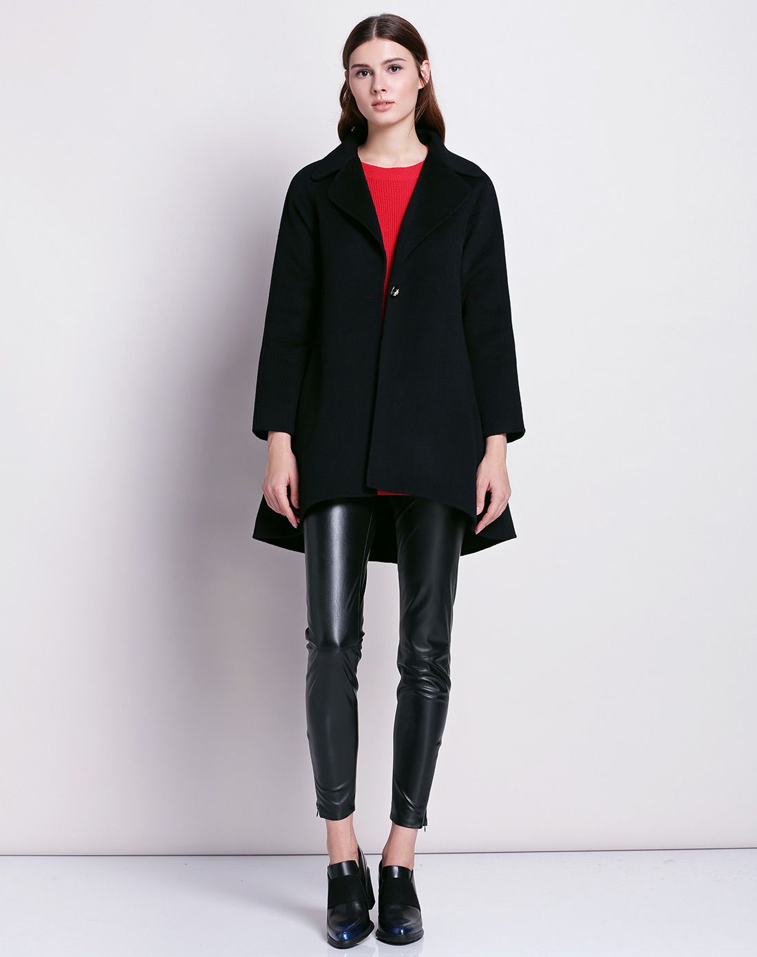 卡其色前短后长下摆宽松双面呢羊毛大衣