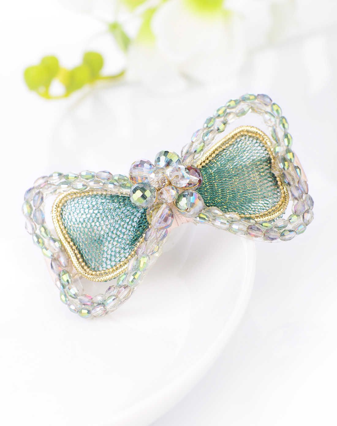 麦朵 绿色时尚串珠蝴蝶结发夹