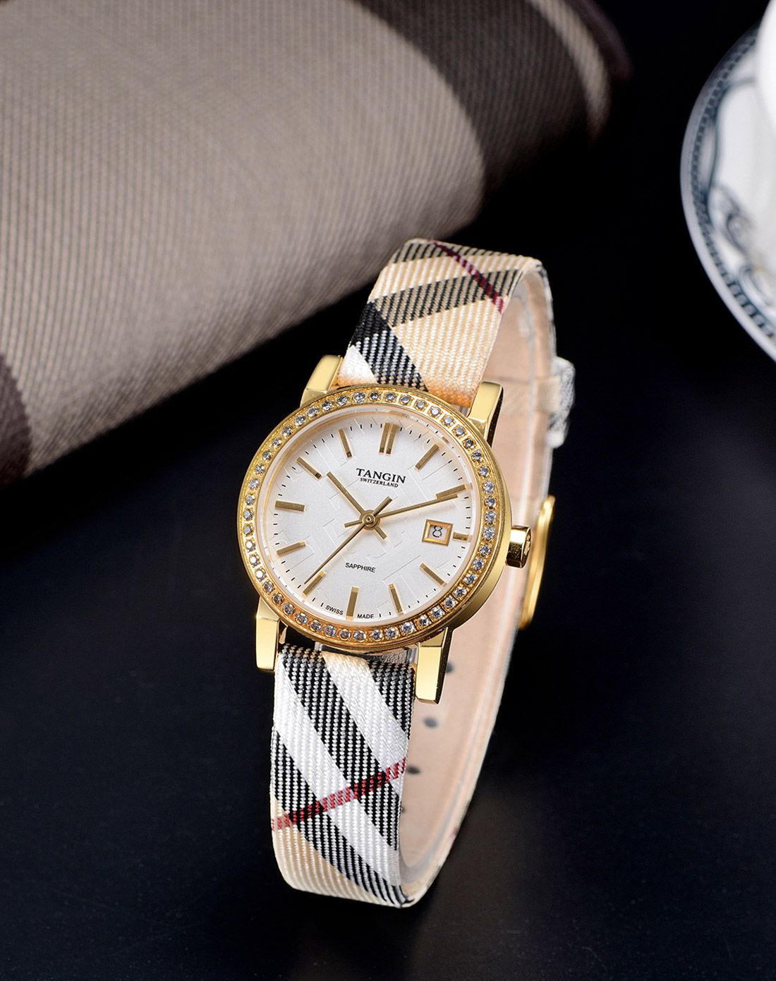 tangin 【唯品专供】高雅真皮石英女表