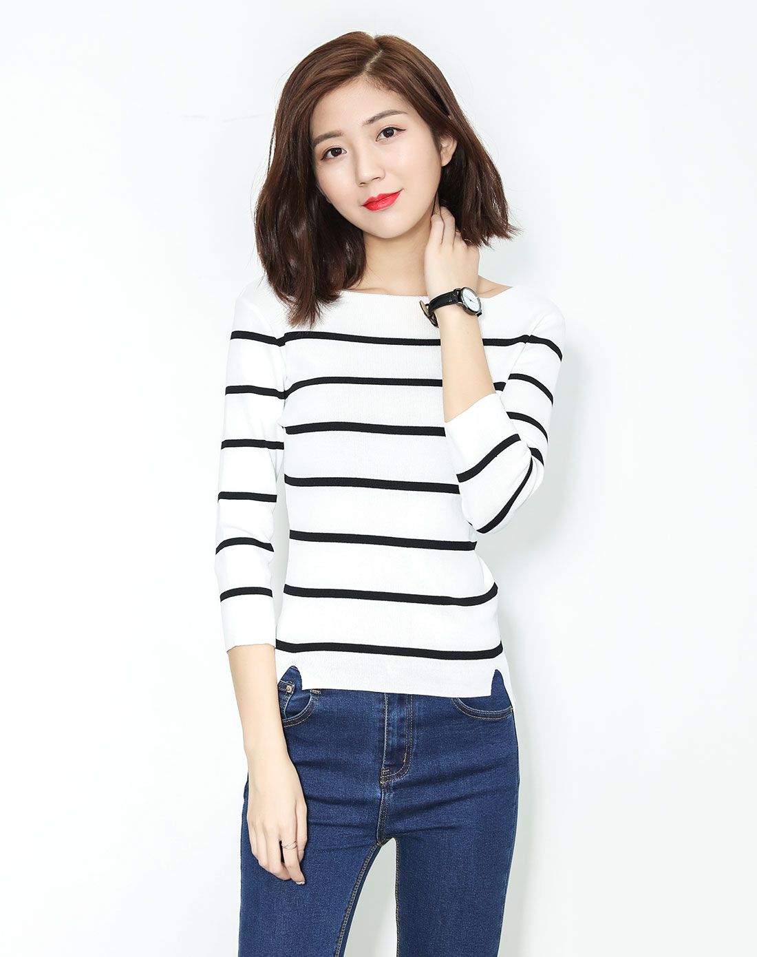 女款修身条纹针织衫