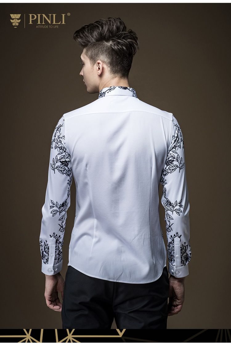 白色修身尖领绣花长袖衬衫[商场同款]