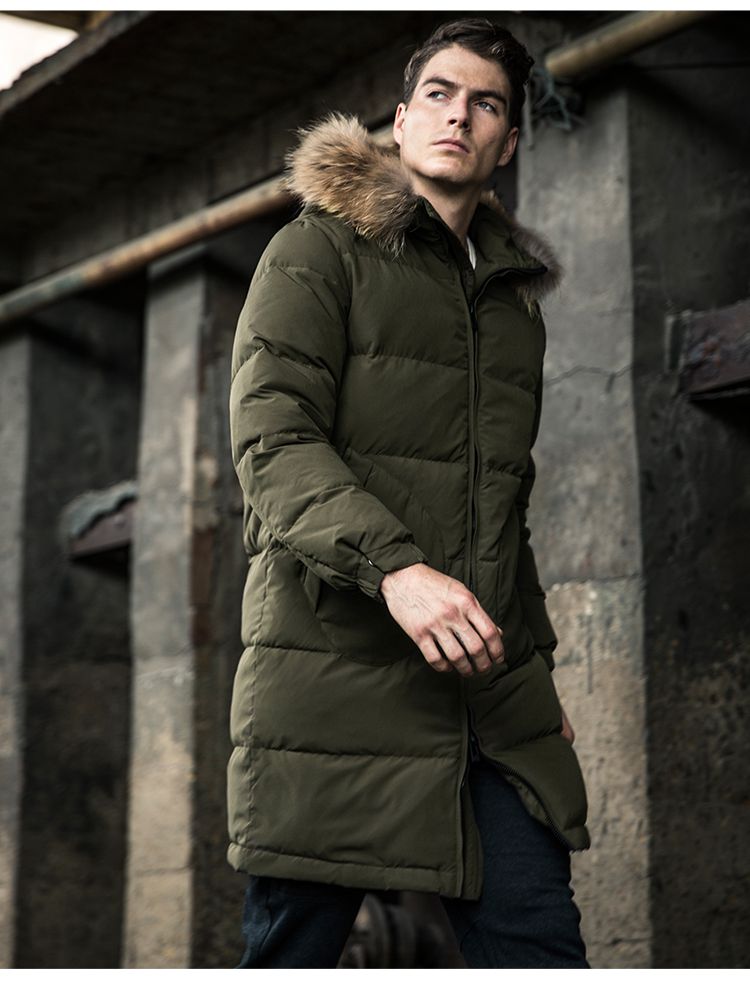 军绿军事复古连帽长版羽绒服