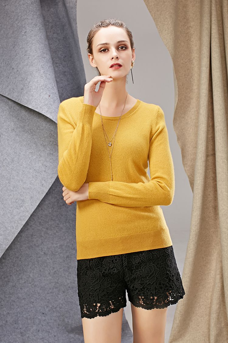 纽妃诗姜黄色圆领修身羊绒衫yc610002606_唯品会