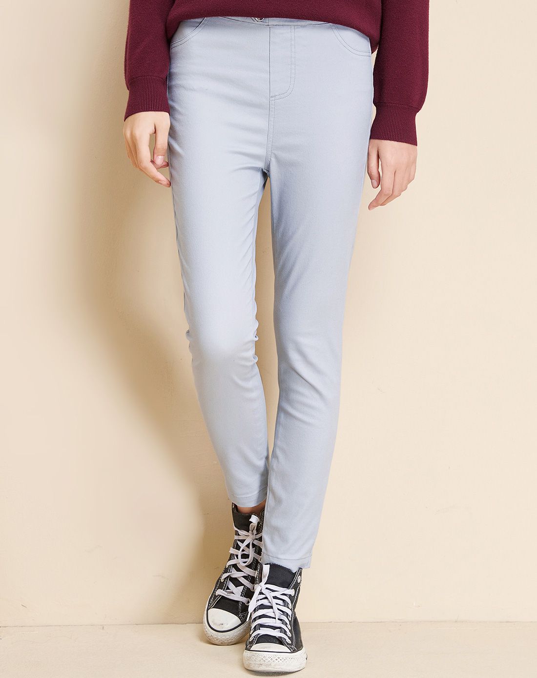 女士简约纯色打底裤休闲修身长裤白色调