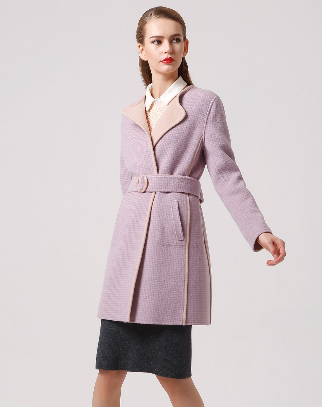 女款细紫格双面羊毛呢大衣