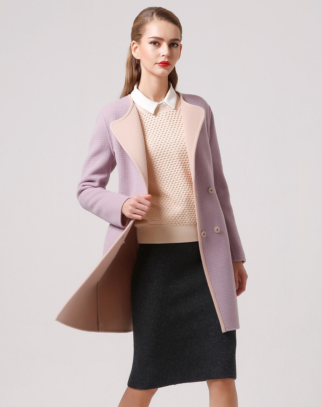 女款细紫格双面羊毛呢大衣