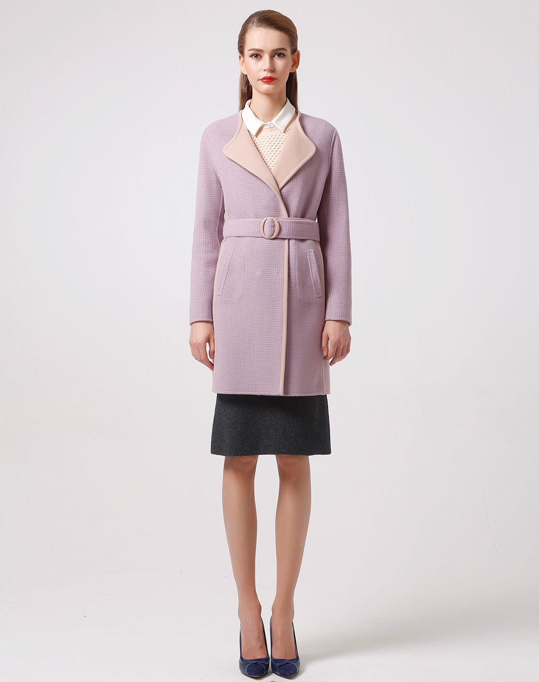 女款细紫格双面羊毛呢大衣