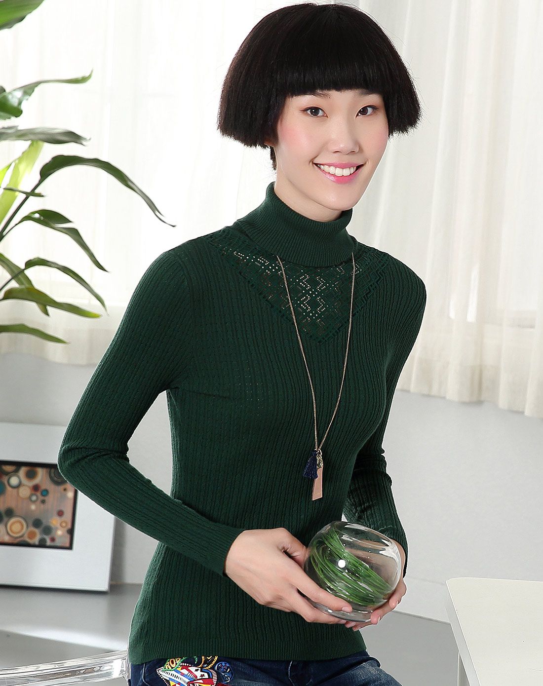 熙世界sllsky墨绿色女装樽领长袖套头毛衣194la510522_唯品会