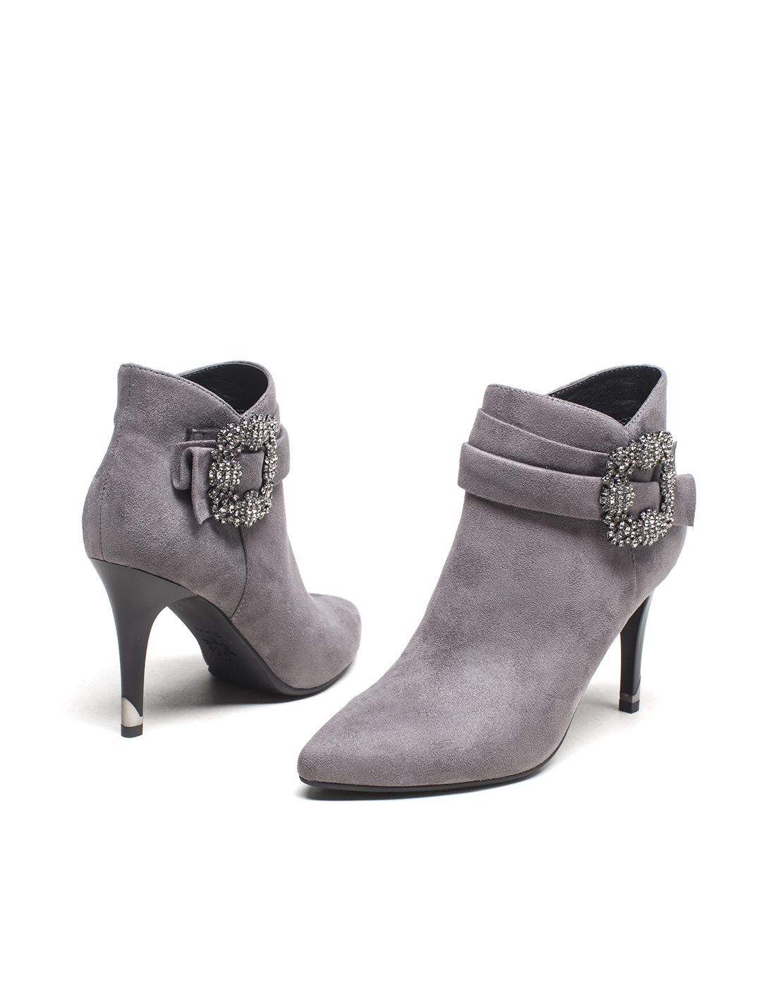 时尚水钻细高跟灰色女单皮靴