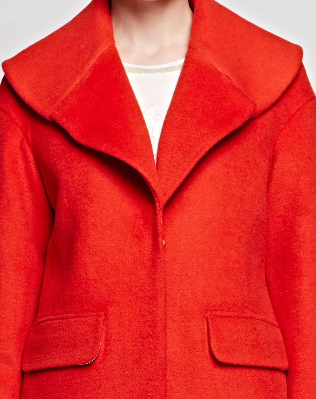 oece橘红色大翻领茧型纯色长款毛呢外套144fj30139_唯品会