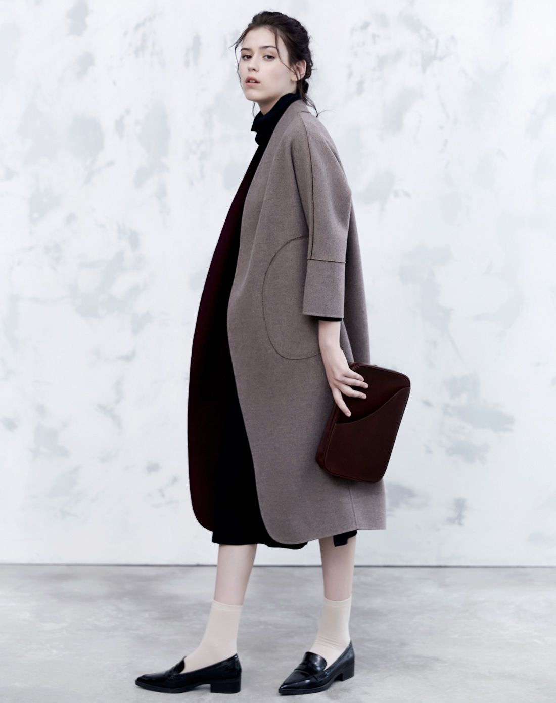 舒朗show long女装专场 奶咖色/酒红h版落肩袖两穿双面呢羊毛大衣