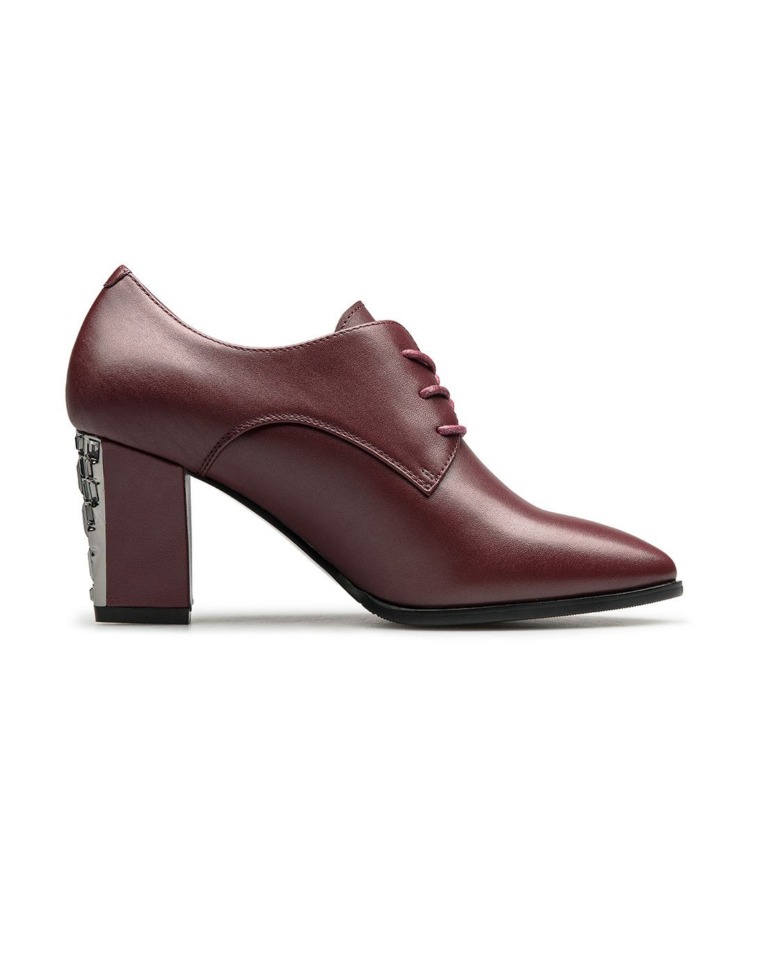 牛皮职业正装女深口鞋酒红色
