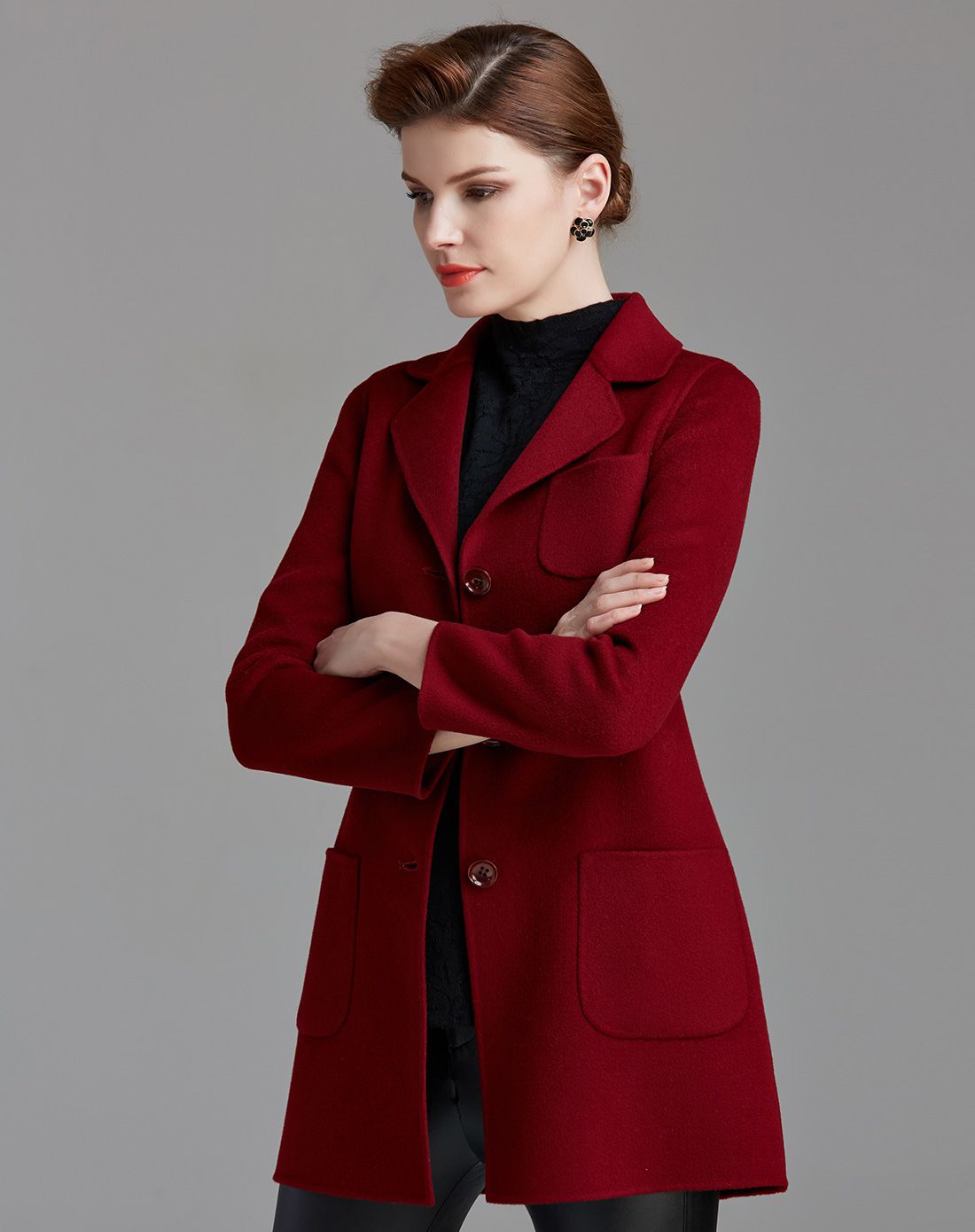 酒红色修身女装呢大衣