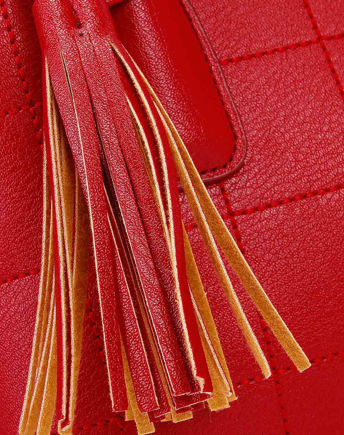 女款酒红时尚格子手提包钱包套装