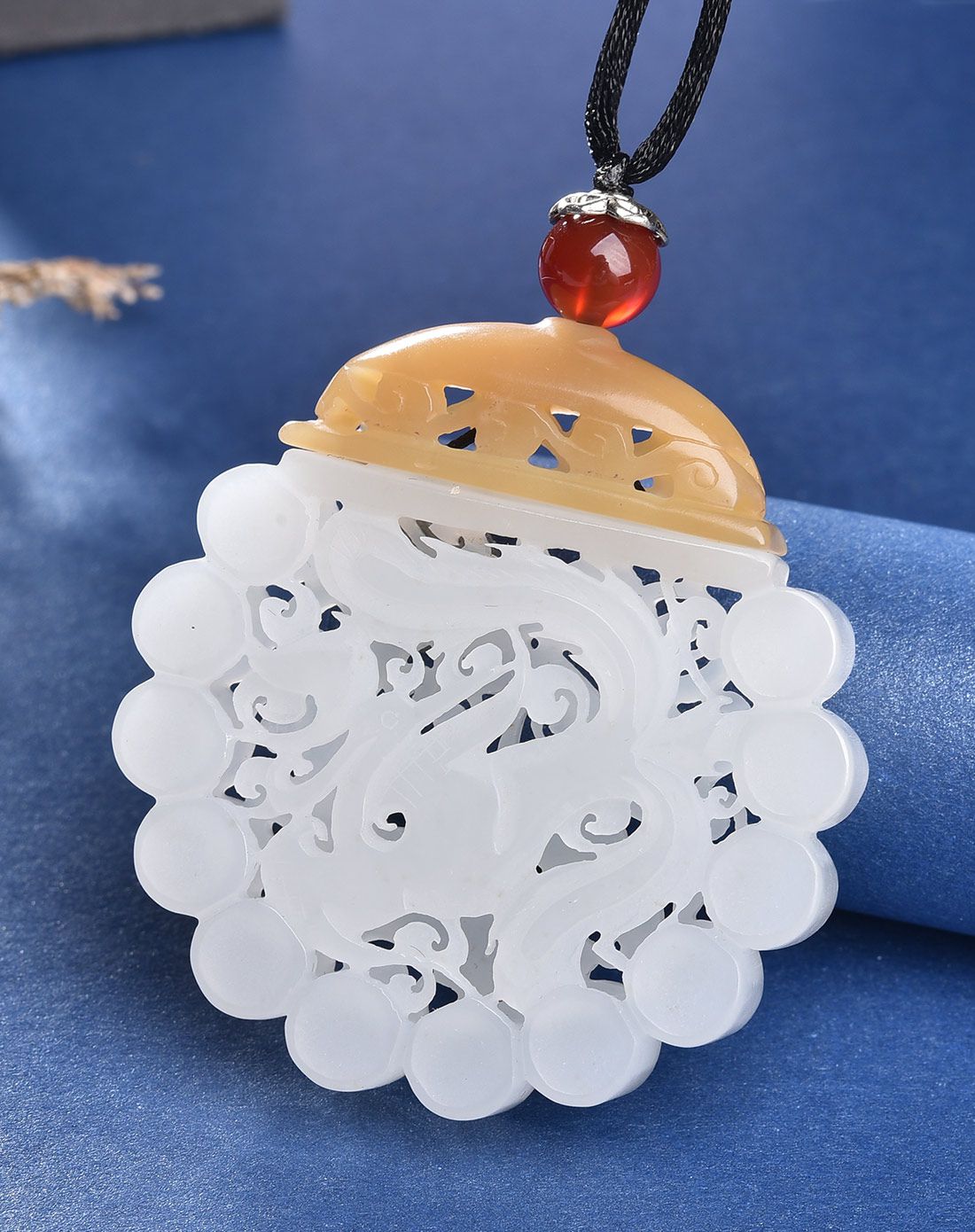 荔尚 天然和田玉镂空龙凤玉佩吊坠附证书