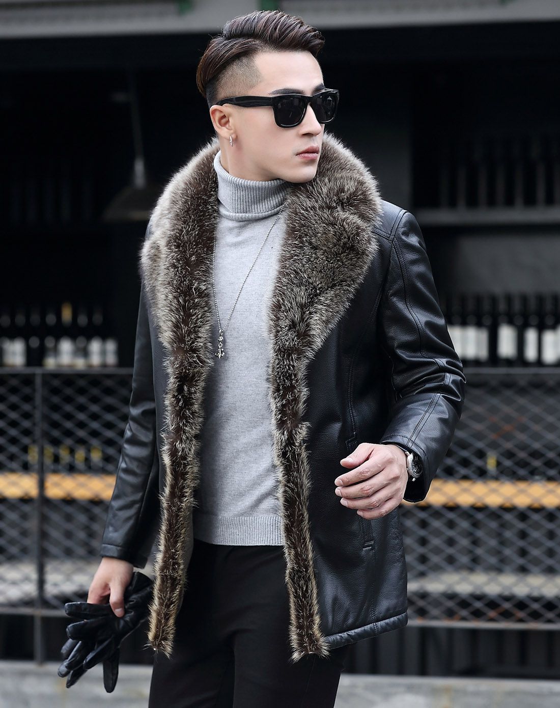 富铤fortei男装冬装清仓专场大毛领休闲皮毛一体真皮皮衣lt101915