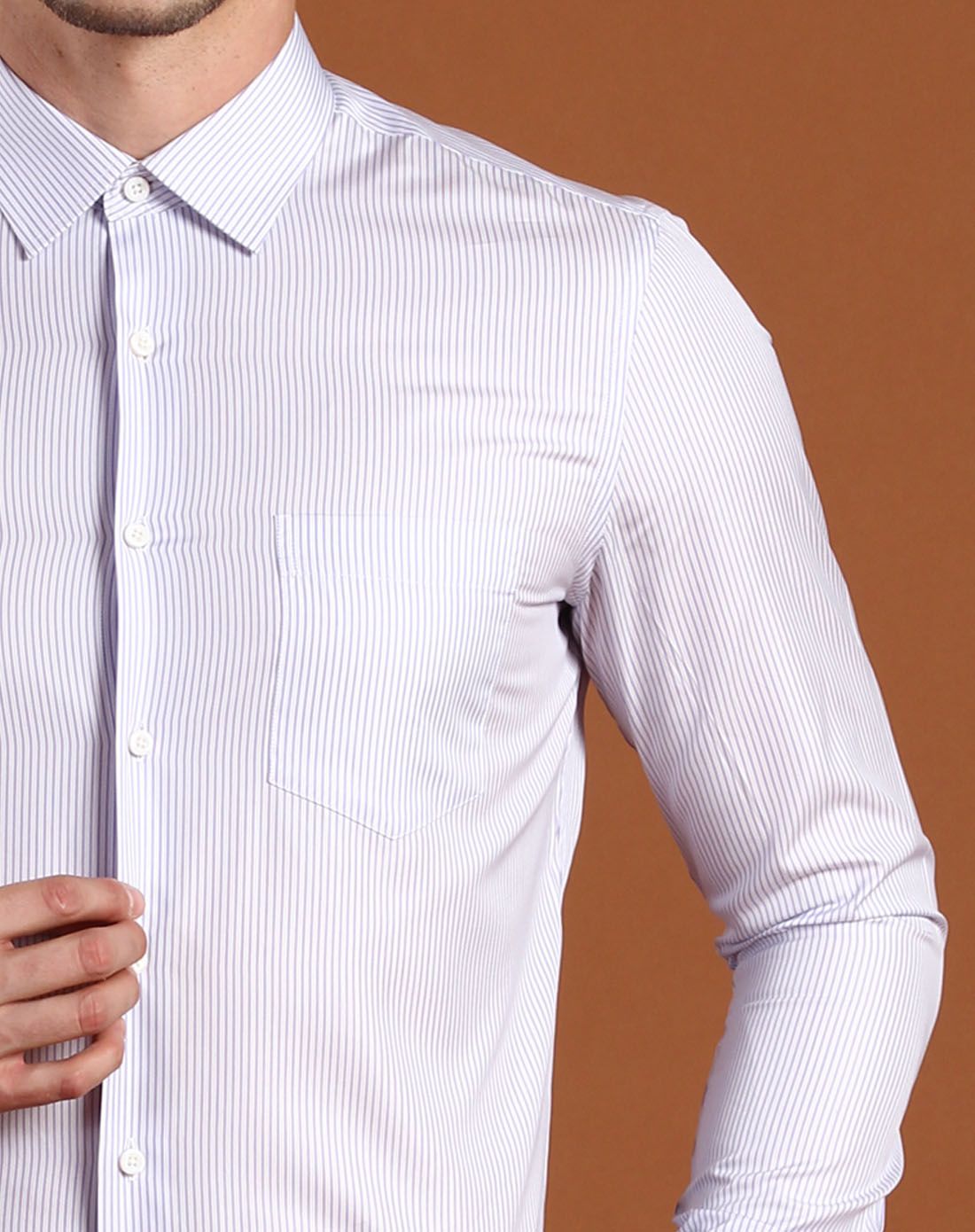 紫色竖纹蚕丝棉混纺时尚商务白衬衫