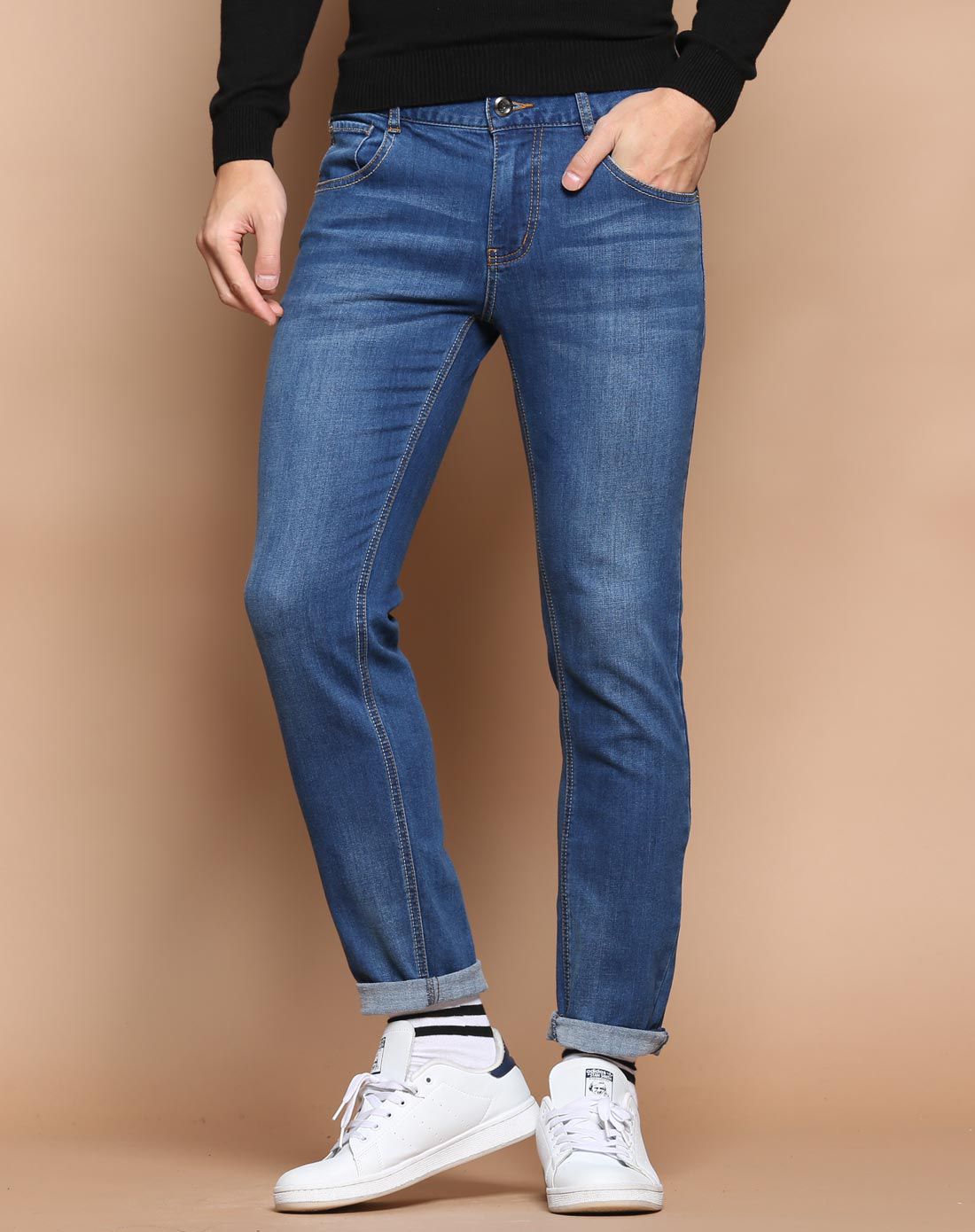 真维斯jeanswest男装深蓝色弹性抓毛底修身牛仔裤je-64-1811072530